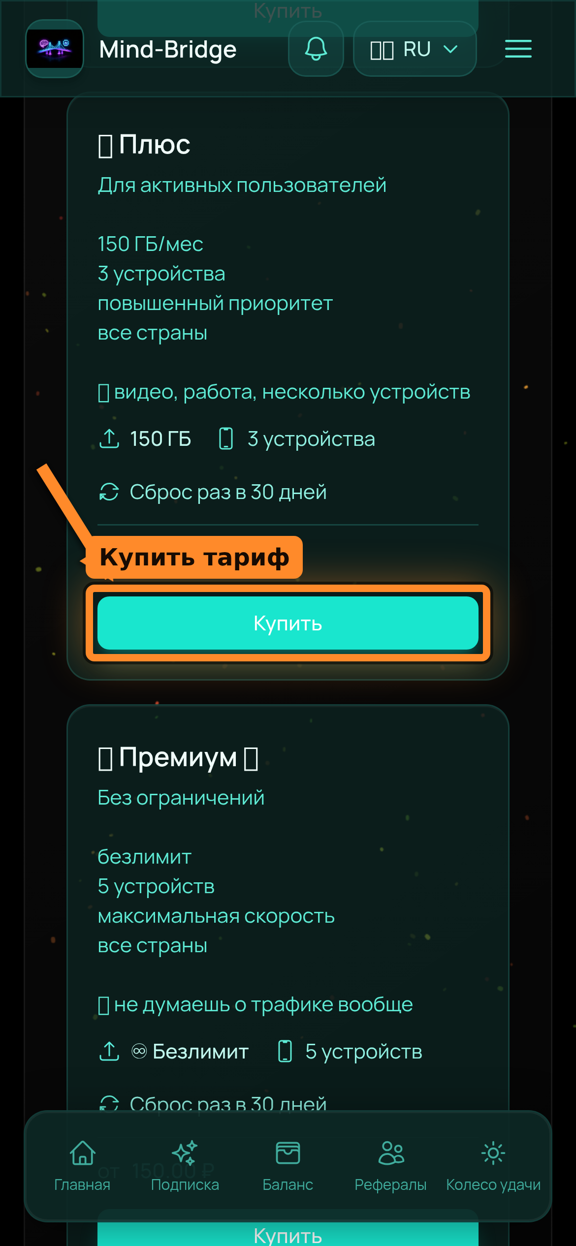 Экран выбора тарифа Mind-Bridge